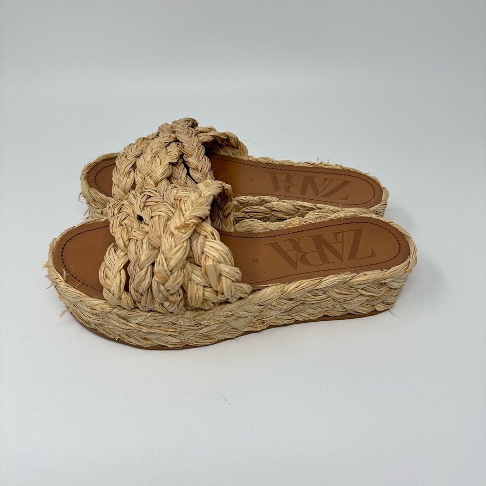 Zara Natural Raffia Platform Wedge Sandals Women's 37